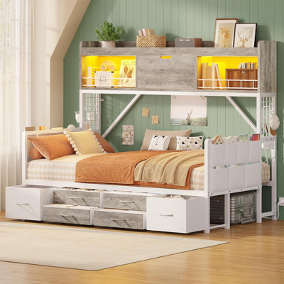 Daybed with High Bookcase & 6 Storage Drawers, 76.4"L x 39"W x 60.6"H