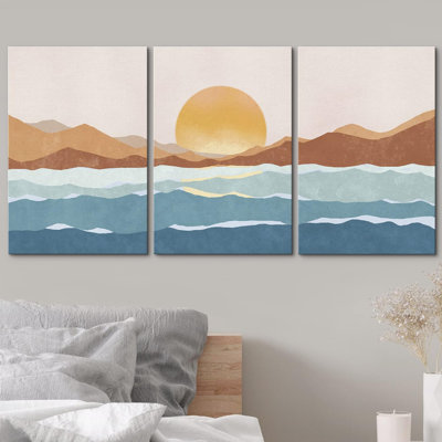 Sunlight Mountain Ocean Horizon, reproduction sur toile 3 pièces