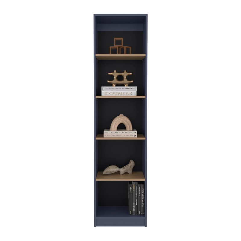 Home Slim Bookcase with 5-Tier Shelves and Compact Design, For Living Room, Bedroom Or Office Decor, Blue/Natural