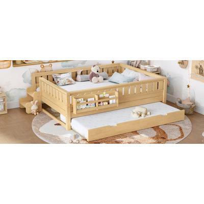 Queenueen with built-in bookshelves and small staircase, high-quality safety rails, and Trundle,Light Natural