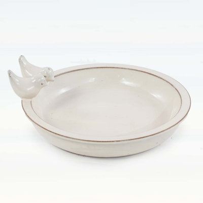 Handmade Ceramic Bird Bath with Vintage Ornaments, 11.8 Inch Cream White Bowl for Outdoor Garden and Patio Decor