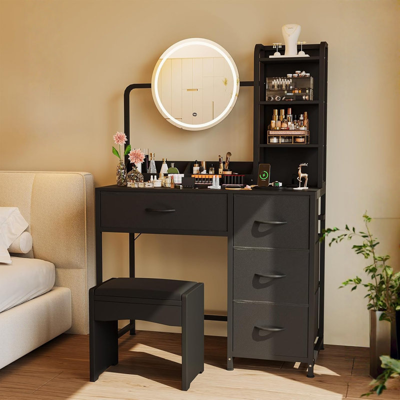Vanity Desk with Mirror & Lights, Makeup Table with Charging Station, Black