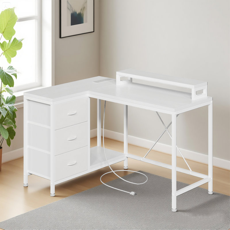 47 Inch L Shaped Computer Desk with Power Outlets and Led Lights, 3-Drawer, White