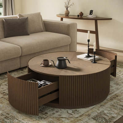 Fully Assembled Modern 31.5" & 35" W Contemporary Round Coffee Table with Solid Wood Fluted Base, 2 Hidden Storage Drawers & Wood Veneer Top