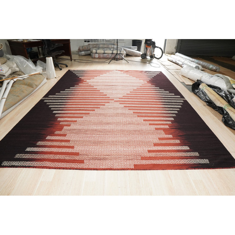 Black Flat Weave Wool Hourglass Motif Geometric Modern Contemporary Carpet Rug, 8' x 10'