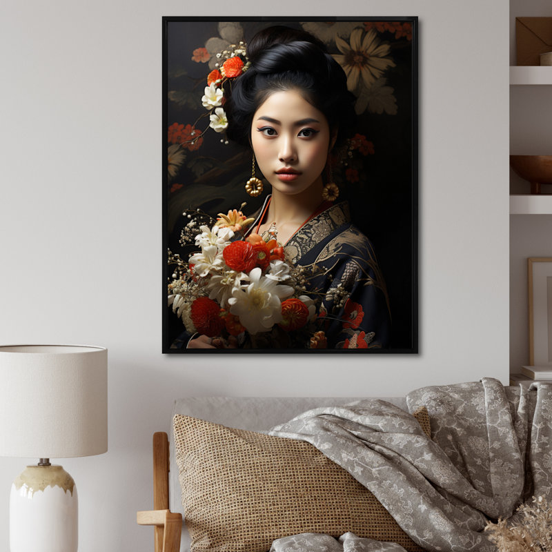 Asian Art Geishas Grace V - Asian Canvas Print, H 40 po x l 30 po x P 1,5 po, Cadre flottant noir