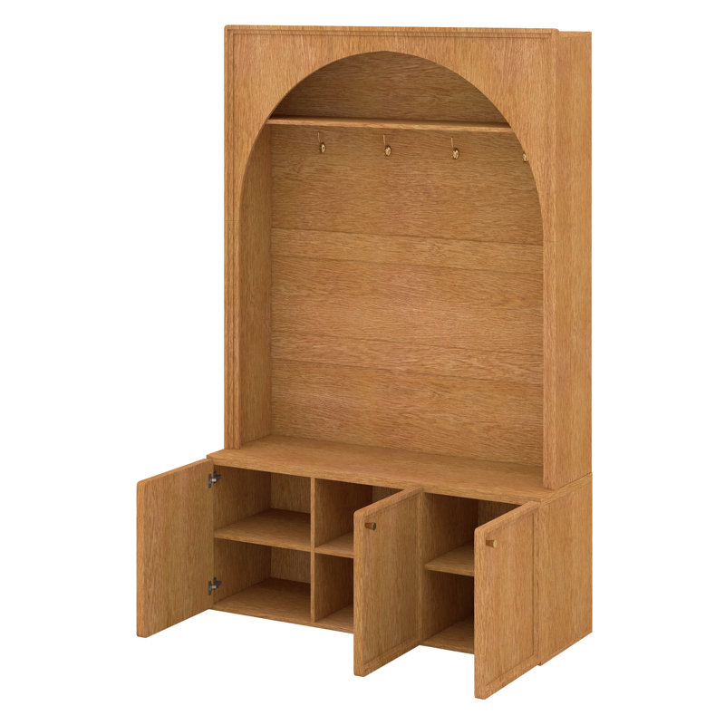 Arched Hall Tree With Storage Bench, 4 Golden Hooks, Entryway Bench With 3 Cabinets And Adjustable Shelves, Natural/Teak