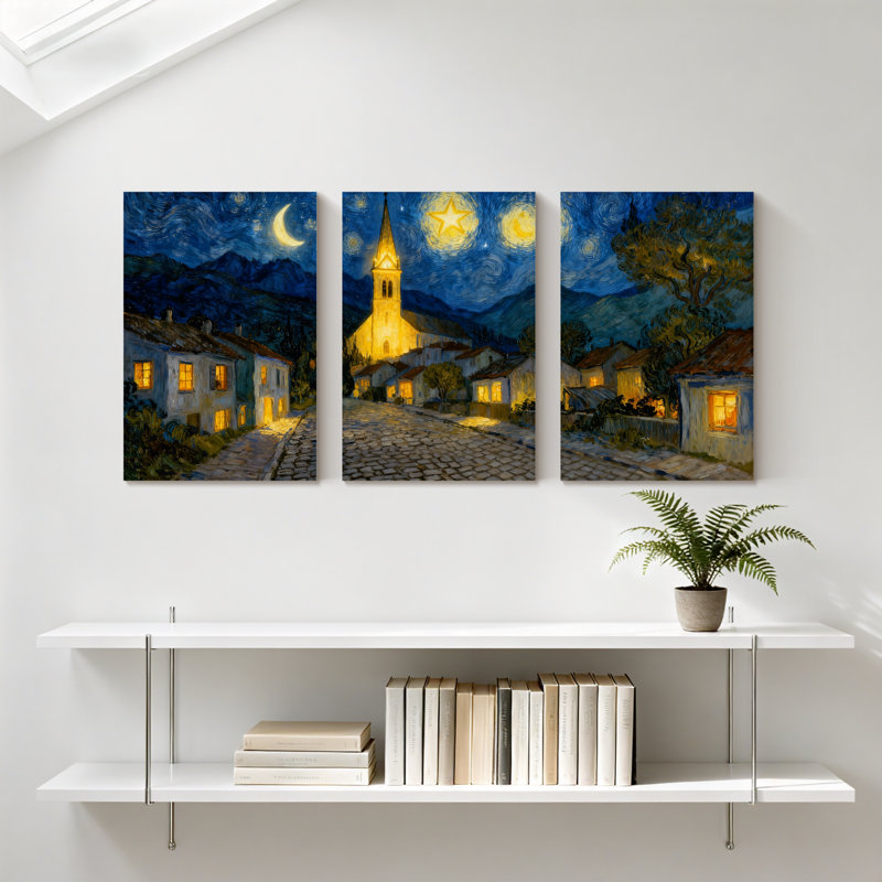 Abstrait, nuit étoilée, village, scène d'églises, ensemble de 3 impressions sur toile, H 18 po x l 36 po