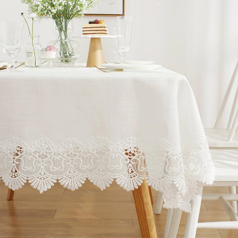 Linen Polyester Blend Tablecloth With Embroidery, 87"L x 59"W