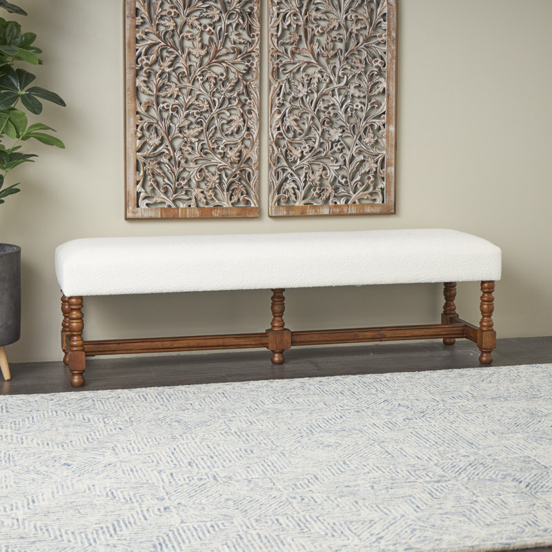 Banc Blaseio en tissu crème avec pieds tournés en bois brun traditionnel