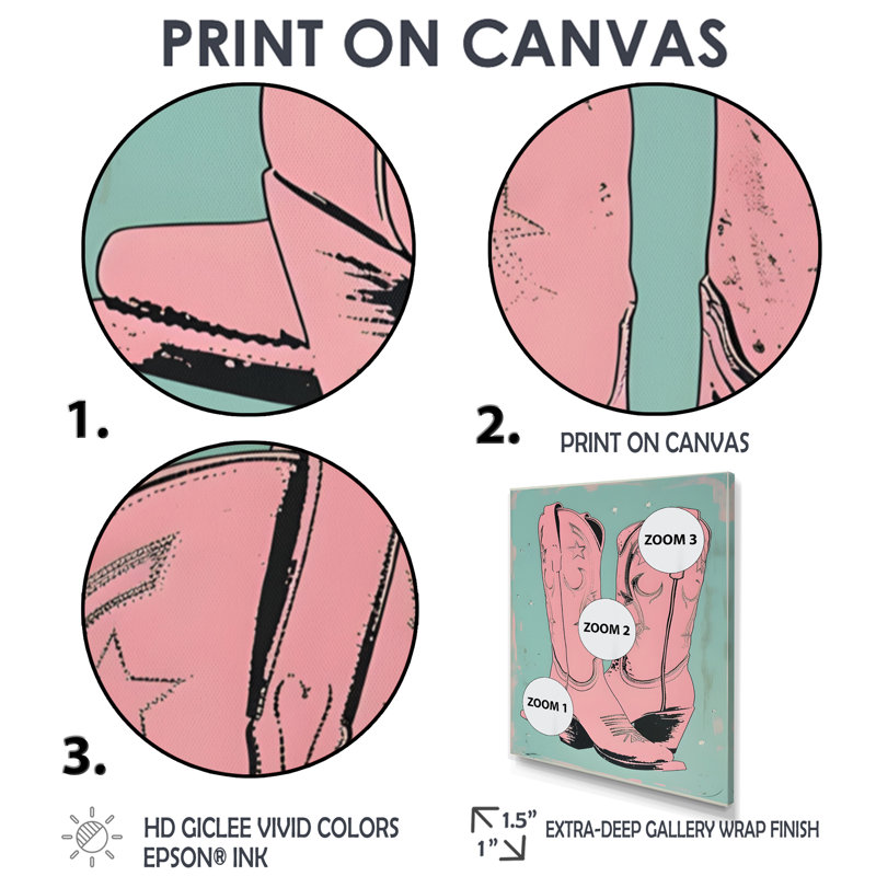 Illustration de bottes de cow-boy roses - impression d'art mural, H 20 po x l 12 po x P 1 po, Toile encadrée noire simple