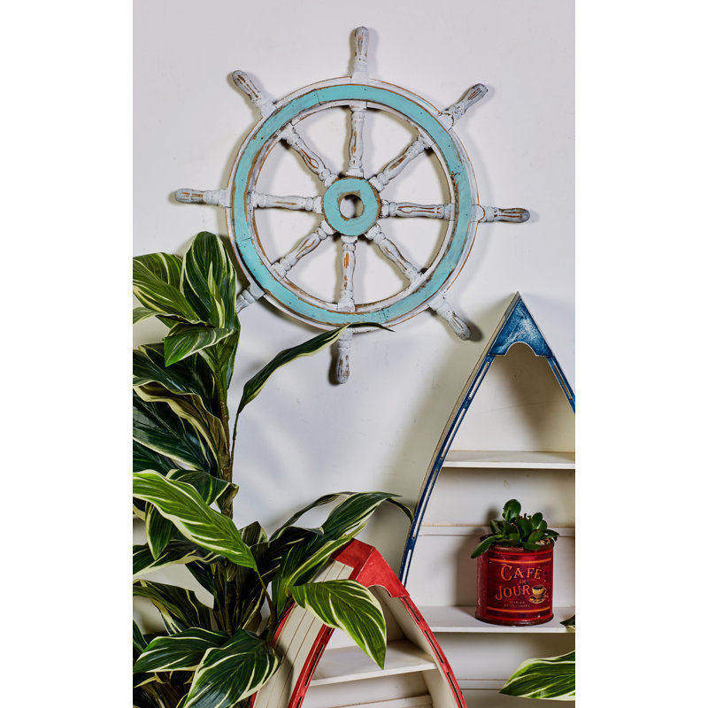 Mcgaughey Wood Distressed Ship Wheel Sail Boat Blue Wall Decor with White Accents