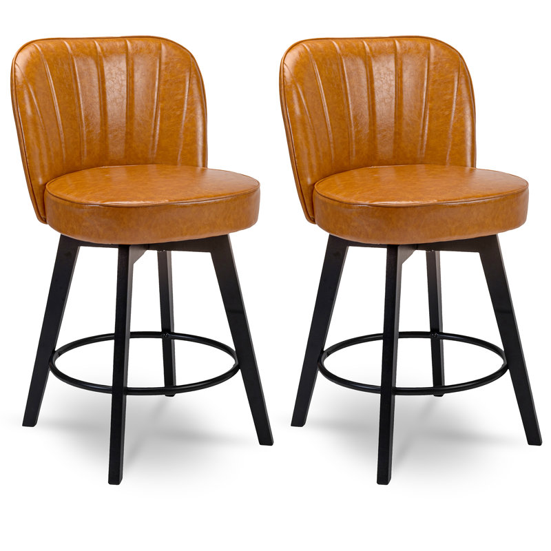 Ensemble de 2 tabourets de bar pivotants à 360 ° MINCETA à hauteur de comptoir de 26 po avec dossier en coquille, chaise de bar rembourrée en cuir de polyuréthane avec repose-pieds, pour îlot de cuisine, Home Bar, MINCETA