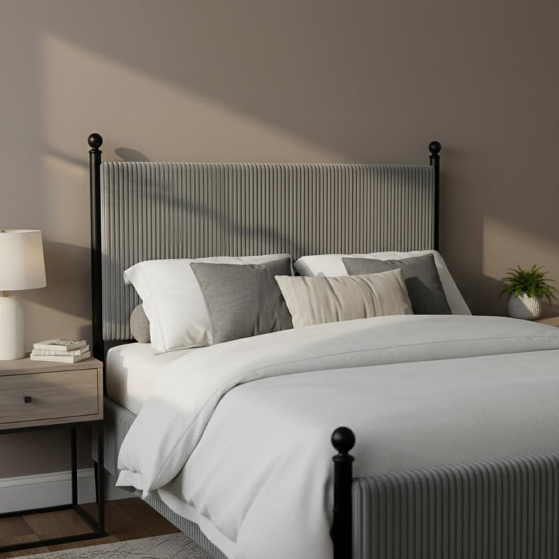 Cadre de lit simple avec tête de lit à rayures verticales, revêtement en velours côtelé, pieds en métal de style vintage, sommier non requis, montage facile, gris