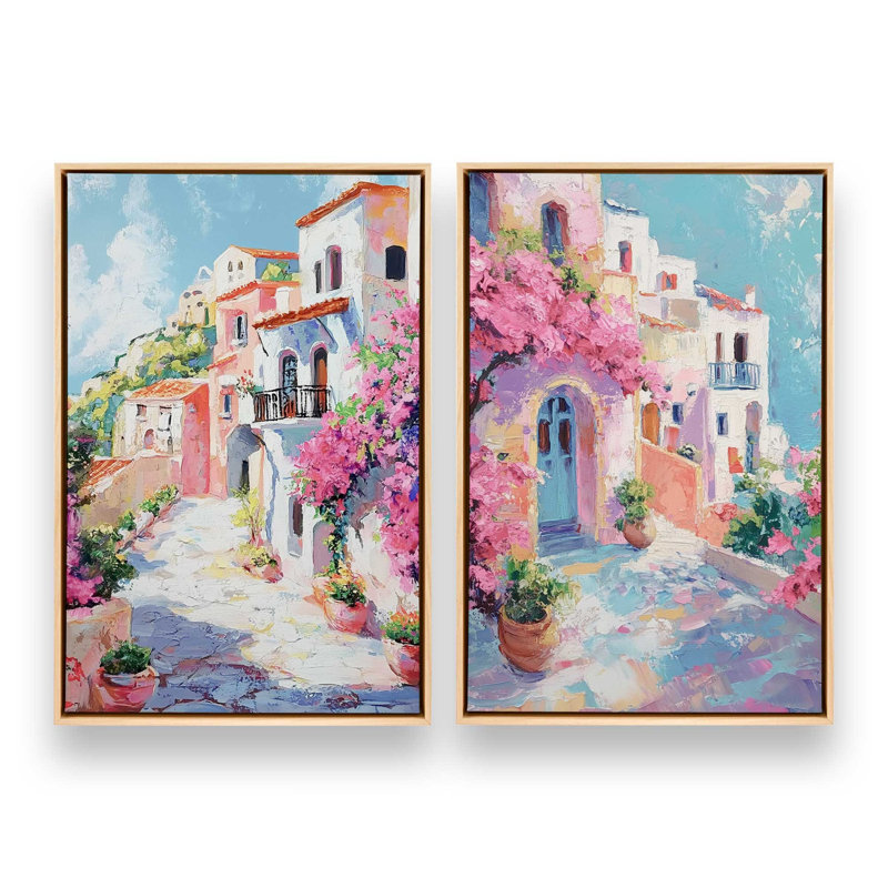 Ensemble de 2 impressions Amalfi Blooming Pathway, 48 po x 32 po, Cadre américain en érable flottant