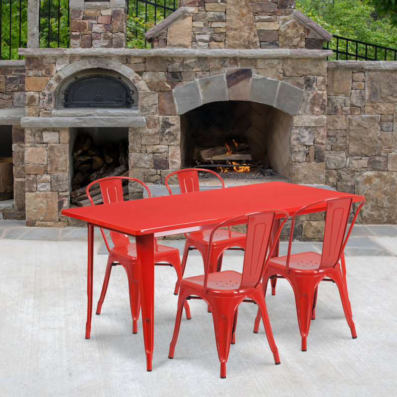 Metal Indoor-Outdoor Table Set, Red, 5, 29.5"H x 31.5"W x 63"D