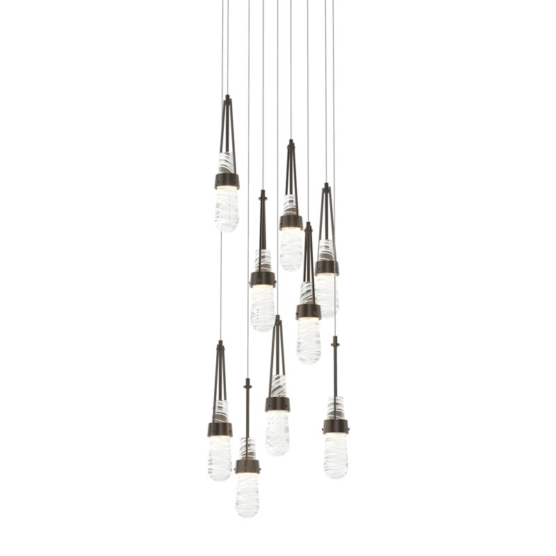 Luminaire suspendu 9 lumières Link, Long: 19" to 130", Transparent avec filetage blanc, Bronze huilé