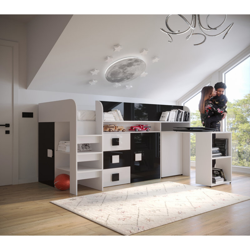 Ezell European Single (90 X 200 Cm) Loft Bed with Storage Included with Desk Included, Black/White