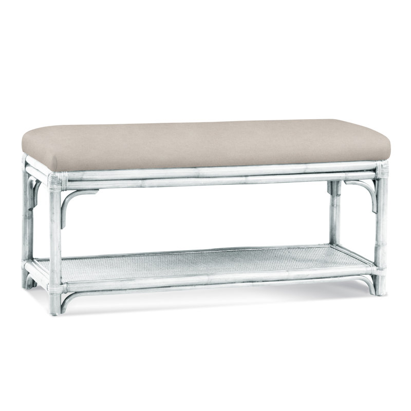 Summer Retreat Wicker Shelf Storage Bench, Frost White, Green and Blue Stripe; 0252-54