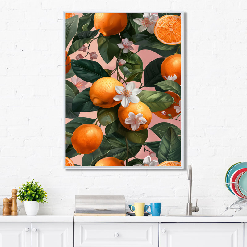«Orange Green Orange Trees I», reproduction d'art murale, Cadre flottant blanc, H 32 po x l 16 po x P 1 po