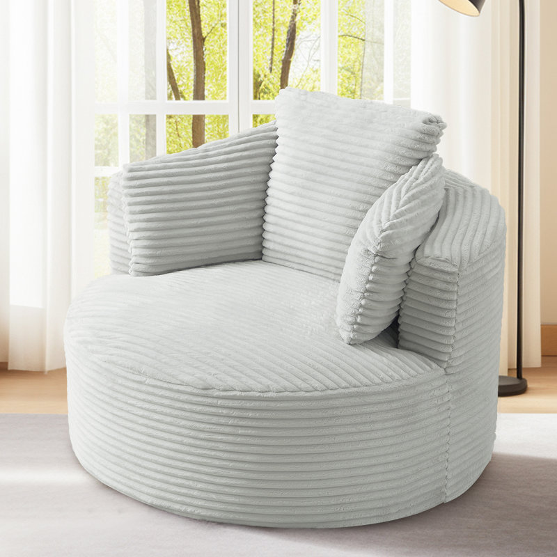 Fauteuil demi-tonneau rembourré en velours côtelé 49 po Lozena, chaise longue à compression ronde surdimensionnée, aucun assemblage requis
