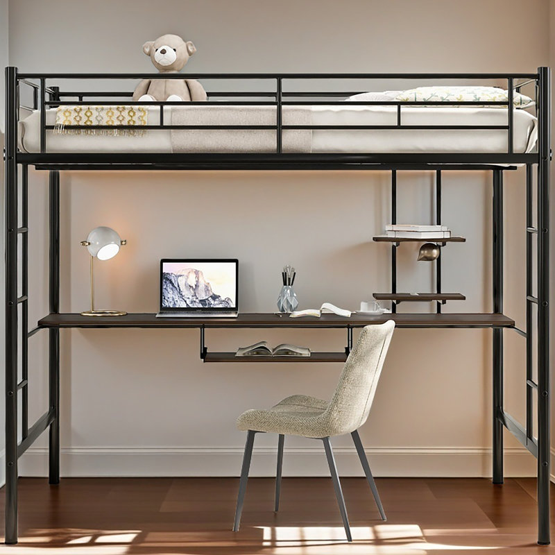 Lit mezzanine avec bureau et tablette, modèle compact, noir