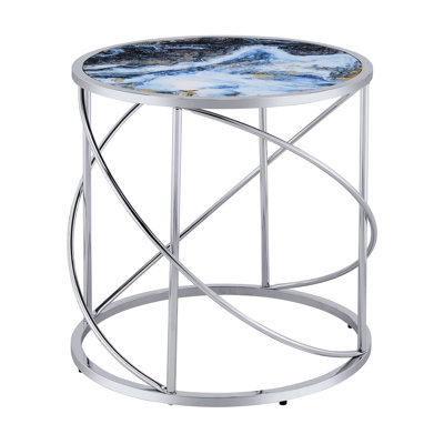 Table de bout, imprimé marbre bleu et finition chromée