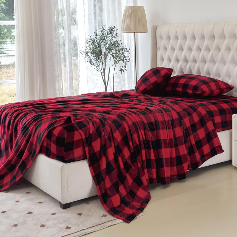 Microfiber - Set of 4, Twin XL Sheet Set + 2 Standard Pillowcases, Red Checkered