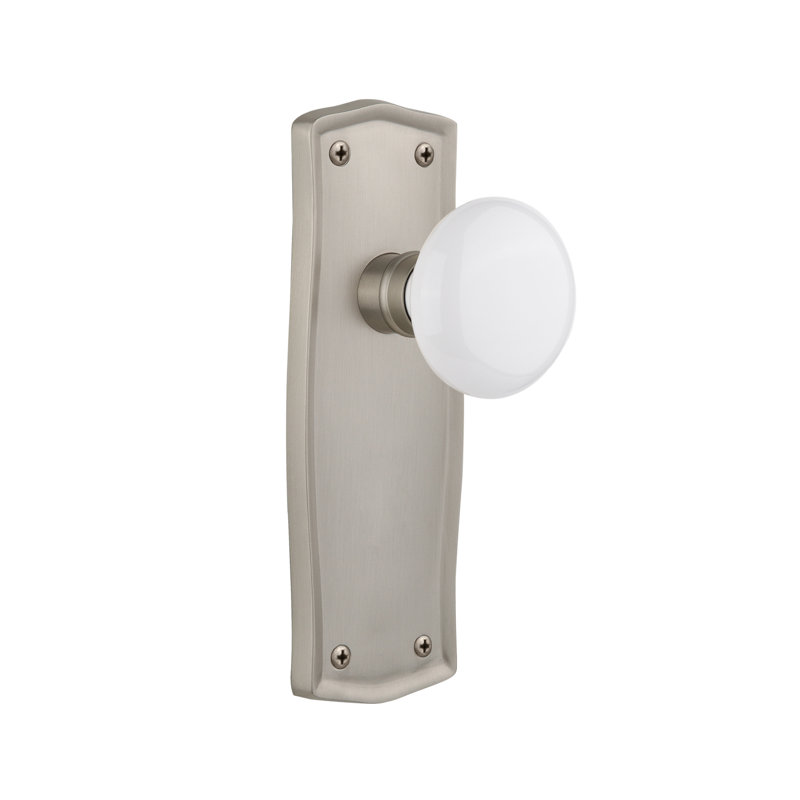 Prairie Plate with White Porcelain Door Knob, 2-3/8”, Satin Nickel