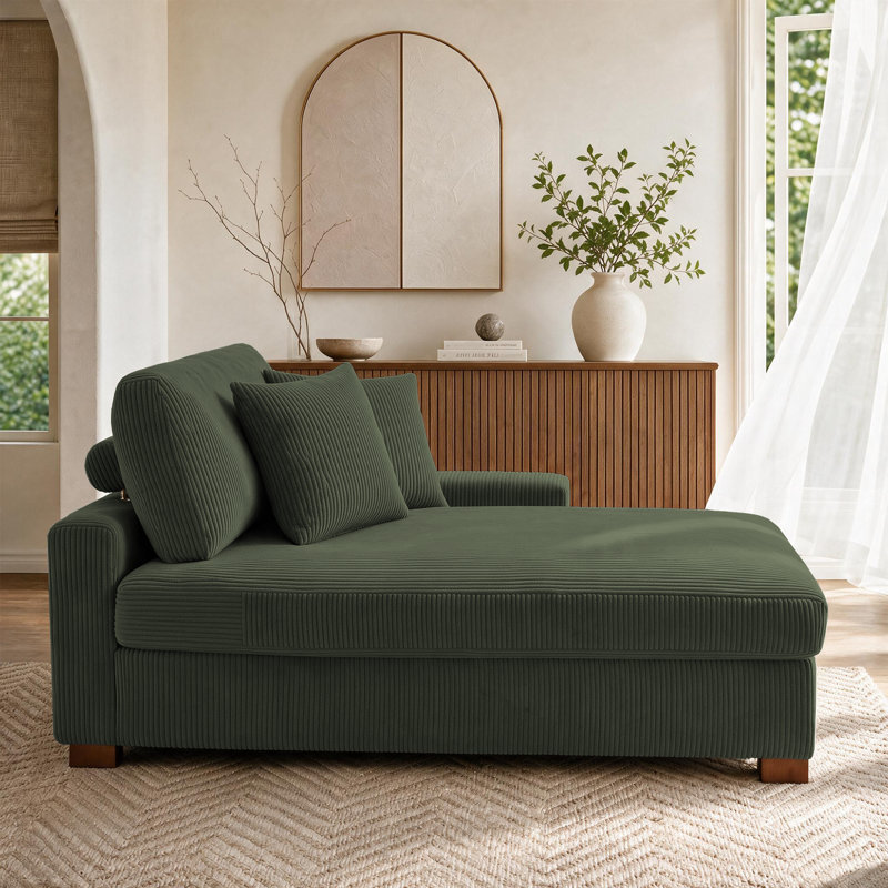 Chaise longue surdimensionnée en velours côtelé vert avec accoudoirs et coussins Milbrey, Vert, Face à la droite