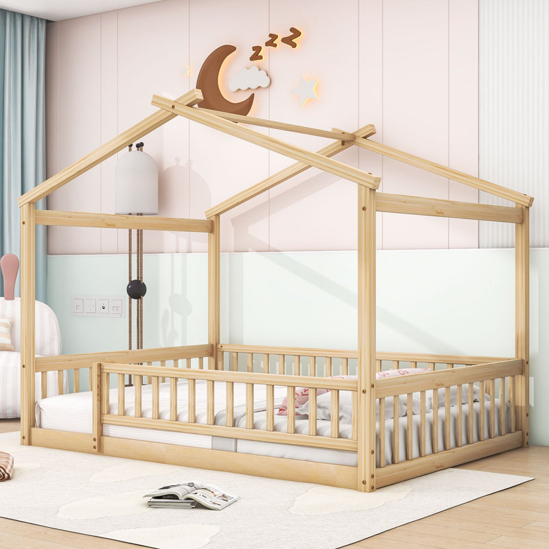 Structure de lit en bois avec clôture et lattes Dorset, Double, Naturel