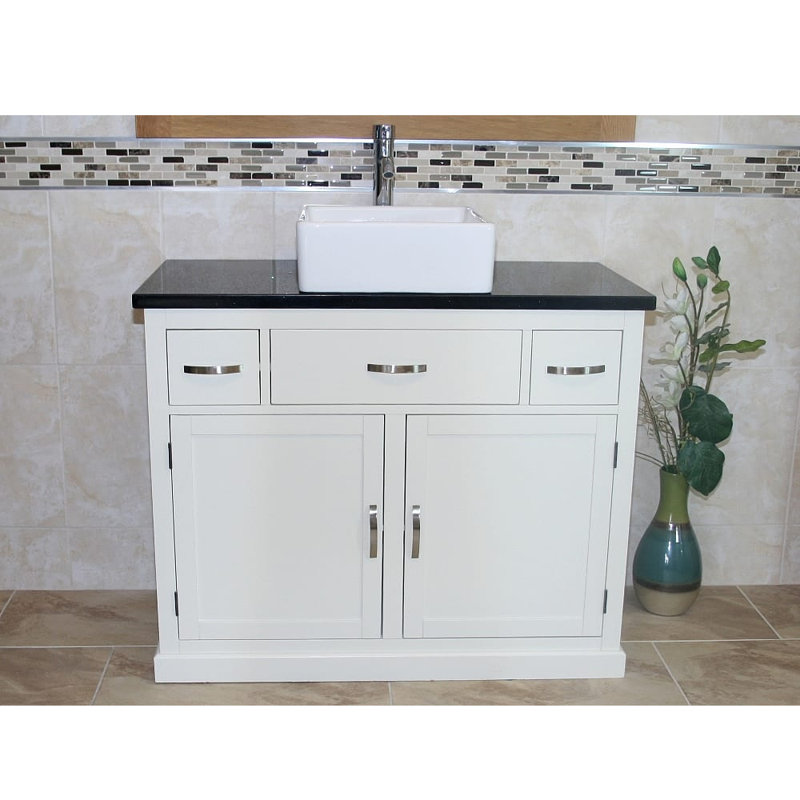 Roder 1000mm Single Bathroom Vanity with Vessel Ceramic Basin, Black Quartz, White