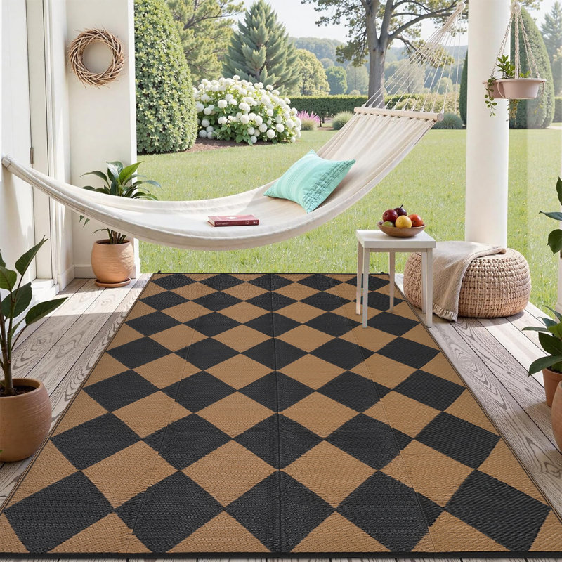 Outdoor Rug Plastic Reversible Rug Waterproof Patio Rug for Outdoor Camping Deck Beach RV Porch Patio and Backyard Black Brown 9*18