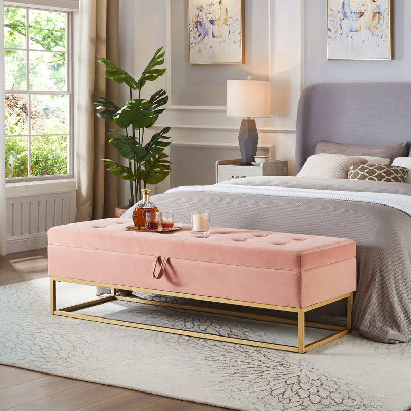 Bed Bench Metal Base With Storage For Bedroom, Pink