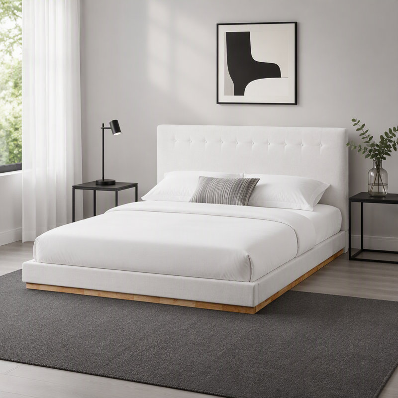 Wood Platform Bed with Upholstered Headboard, Tufted Design