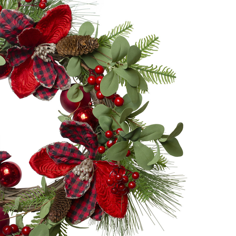 Couronne de Noël artificielle Magnolia et baies rouges - non éclairée 22 pouces