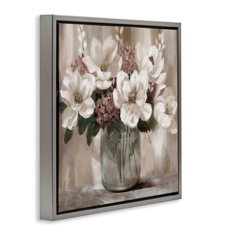 Cadre flottant ivoire Magnolias, design par Nan, H 25 po x l 25 po, Cadre flottant gris lustré