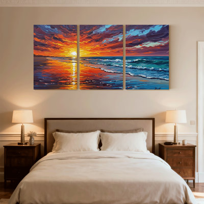 «Nautical & Beach Sunset Sky Ocean Waves Beach», ensemble de 3 reproductions d'art sur toile