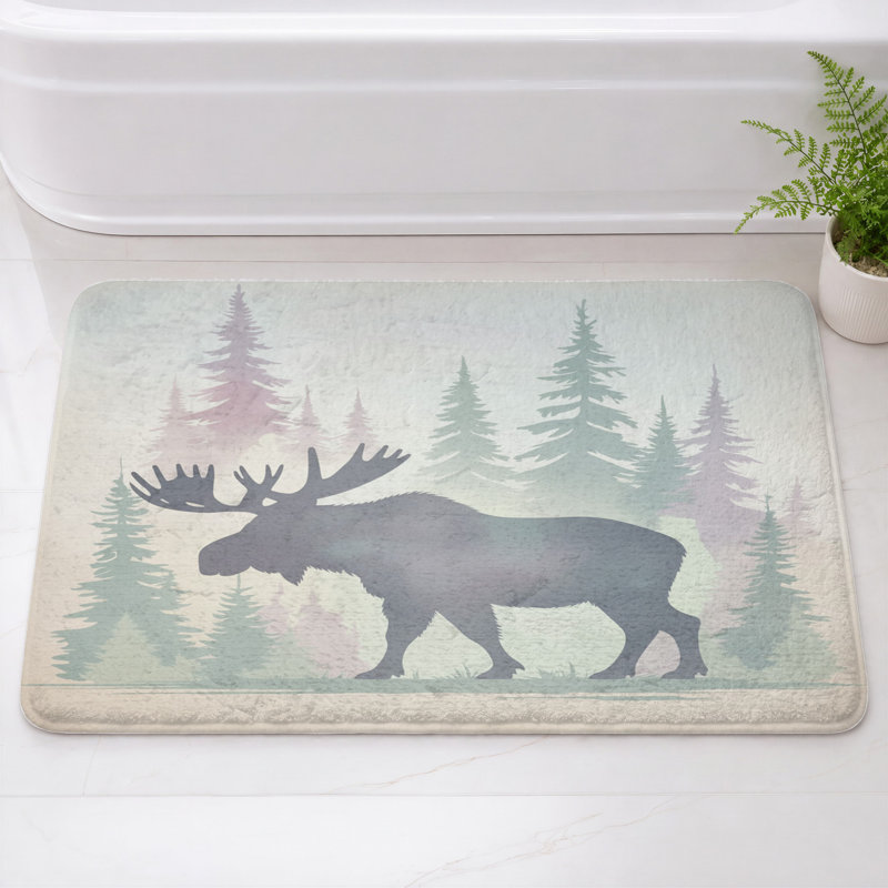 Tapis de bain Moose In Forest, L 24 po x L 17 po, Gris foncé / vert clair