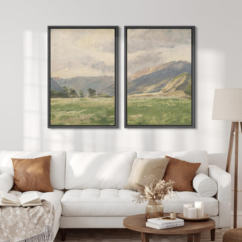 Rustic Countryside "Majestic Mountain Fields Nature Landscape, reproduction d'art sur toile encadrée 2 pièces, Noir