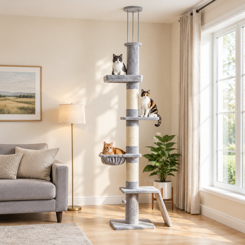 Arbre à chat réglable de 90,6 po à 102,4 po du sol au plafond, tour verticale à 5 niveaux avec stabilisateur à 3 tiges, peluche gris clair