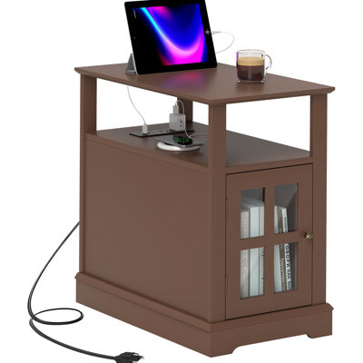 Functional End Table with Charging Station, Offering Hidden Storage and Open Shelf for Easy Organization in Living Spaces