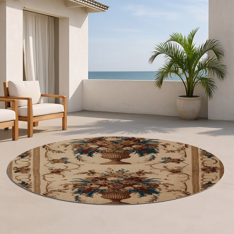 French Brown Indoor and Outdoor Area Rug, Round 5'
