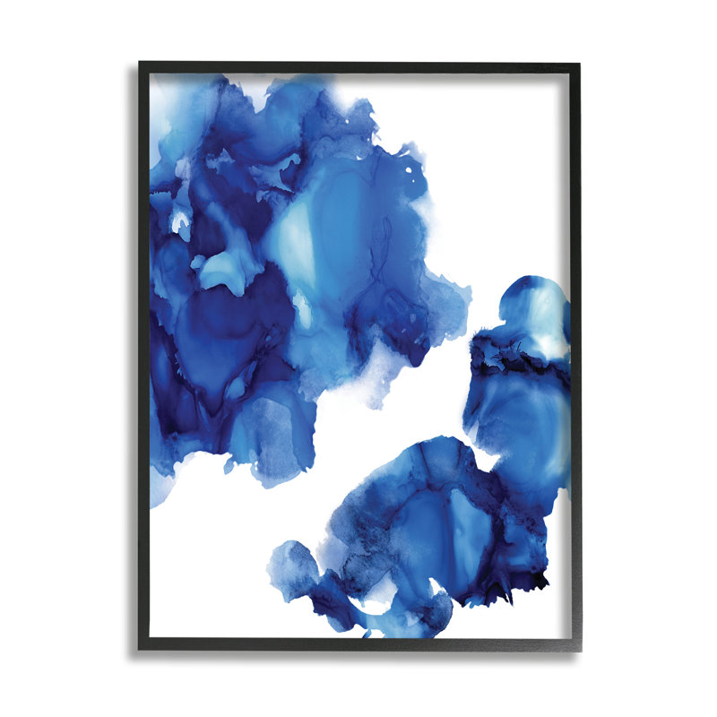 «Blue Ink Blot Abstraction over White» par Lauren Mitchell - impression, Giclée encadrée noir minuit, H 14 po x l 11 po
