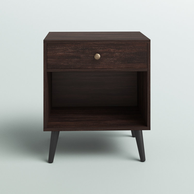 Vansant 1 - Drawer Nightstand with Drawer and Open Compartment, Solid Wood Legs, Coffee Brown