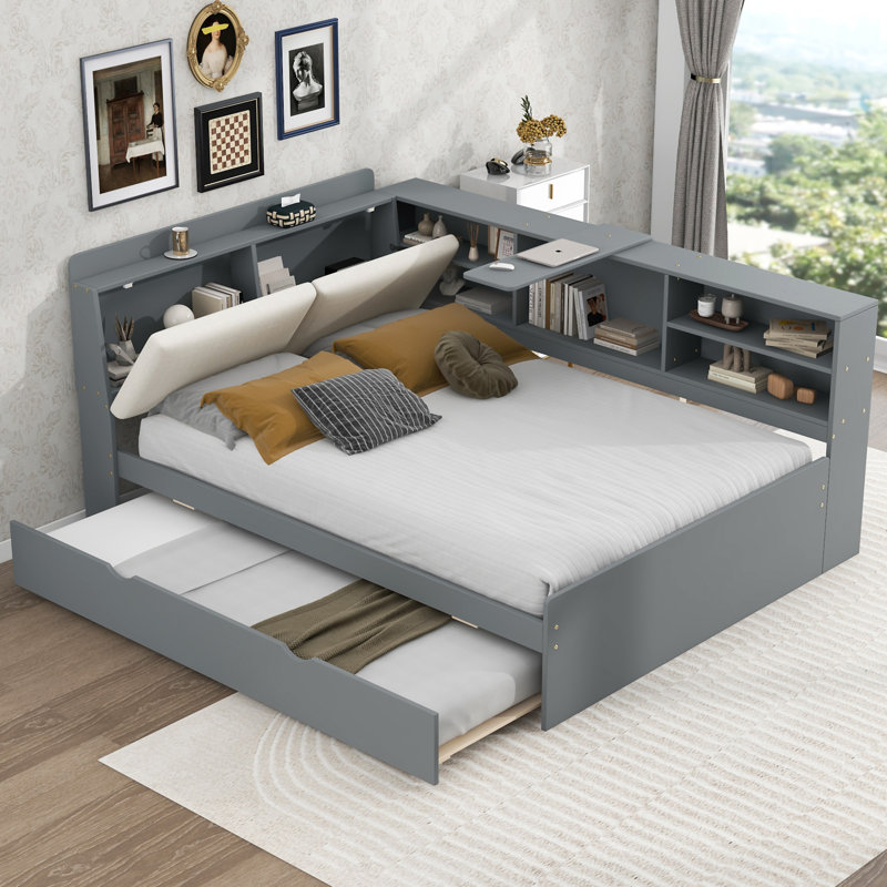 Lit plateforme en bois avec lit gigogne, Gris, Lit double