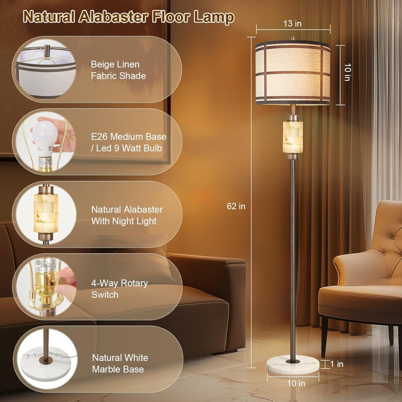 Natural Alabaster Modern Floor Lamp With Night Light,Rustic Floor Lamp For Living Room,Marble Base Tall Lamps With Linen Fabric Shade,Brown Standing Lamps For Bedroom Office Bar Reading(Bulb Included)