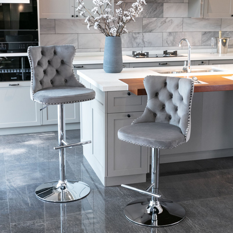 Felder Swivel Velvet Bar Stools with Adjustable Height, Gray, Silver