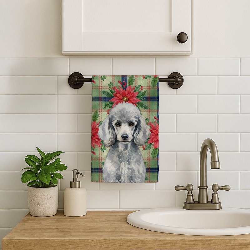 Standard Silver Poodle Christmas PoinsettIas Kitchen Towel, Standard Silver Poodle