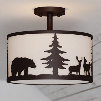 Jorene 13-In W Bronze Rustic Semi Flush Mount Ceiling Light White Linen Deer Tree